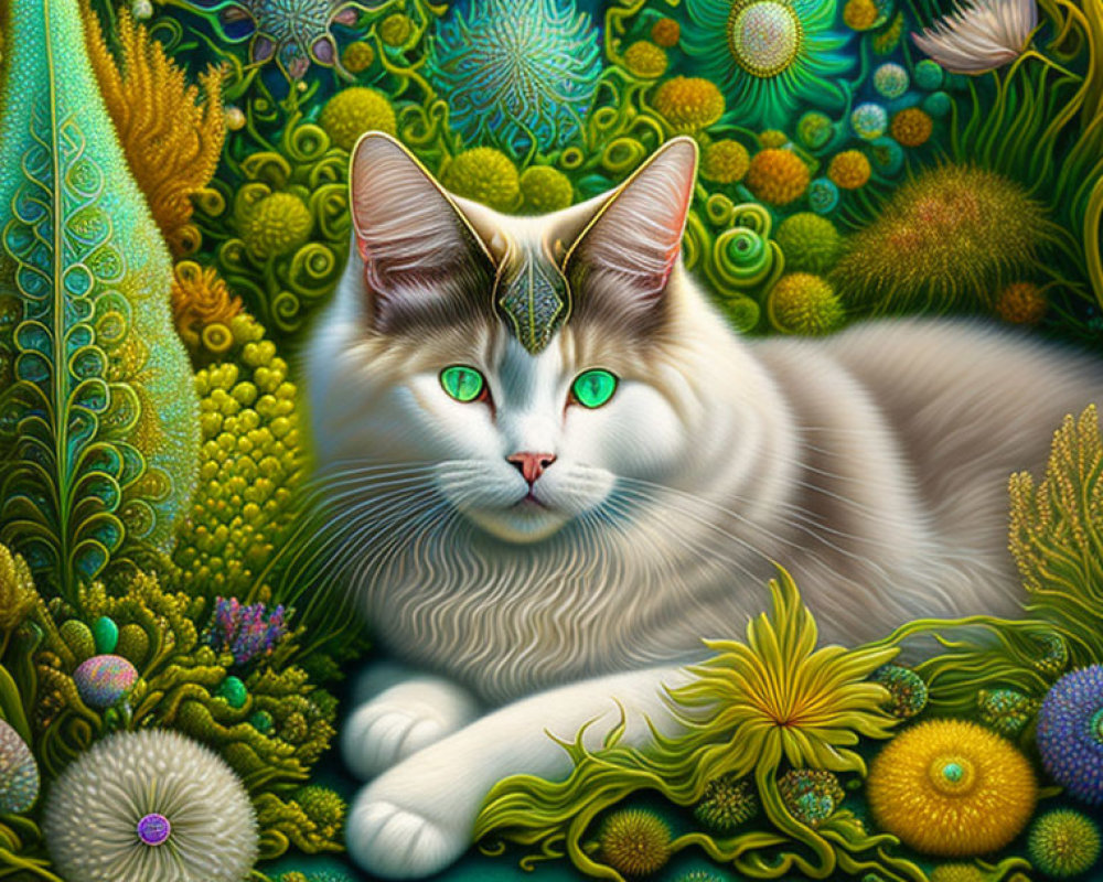 Colorful Illustration of Fluffy Cat with Green Eyes in Fantasy Floral Setting