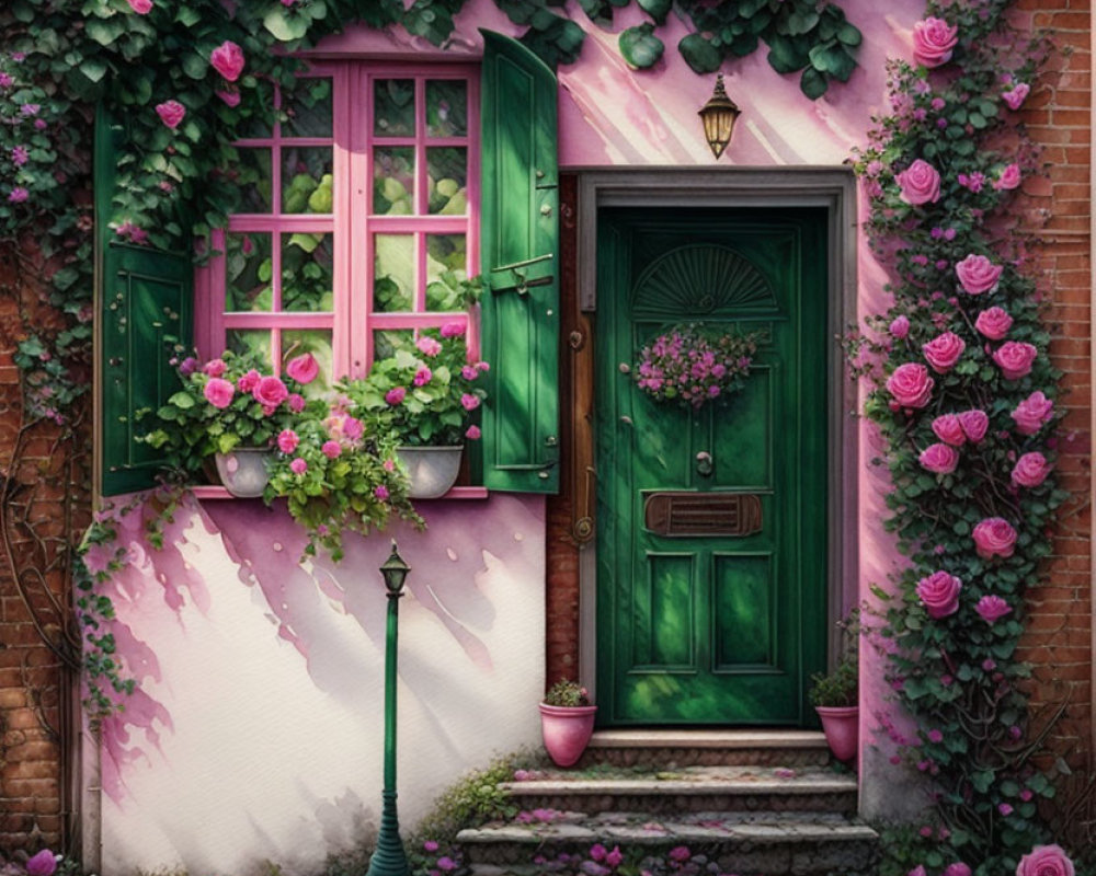 Green door, window shutters, ivy wall, pink roses, street lamp in a quaint entrance