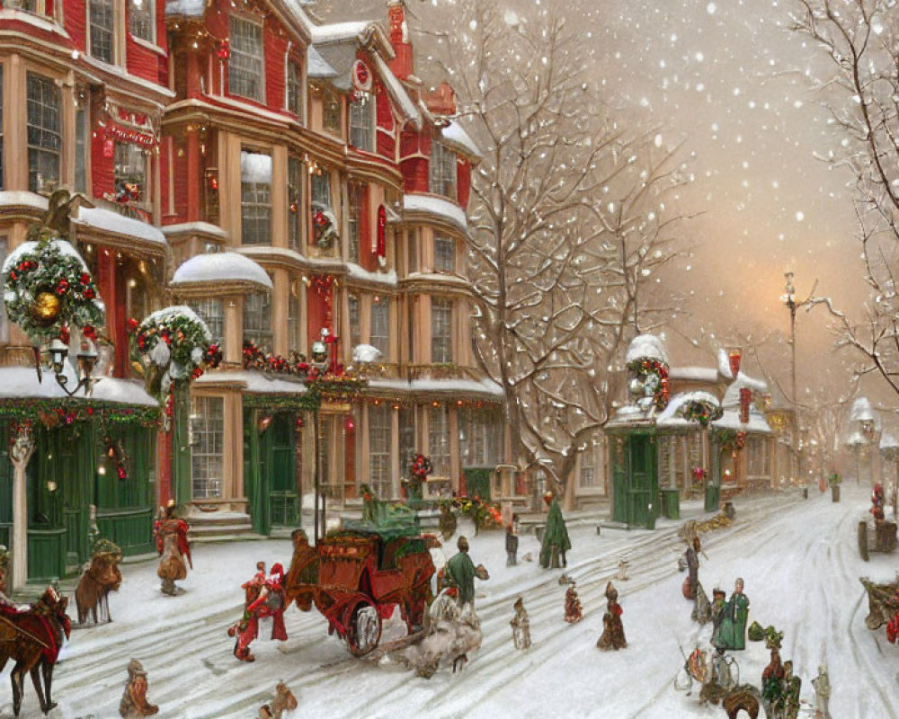 Victorian-themed Christmas street scene with snow-covered buildings, horse-drawn carriages, and festive decorations