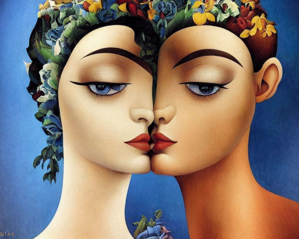 Surrealist painting of two faces in profile, joined at lips, one with floral headpiece,