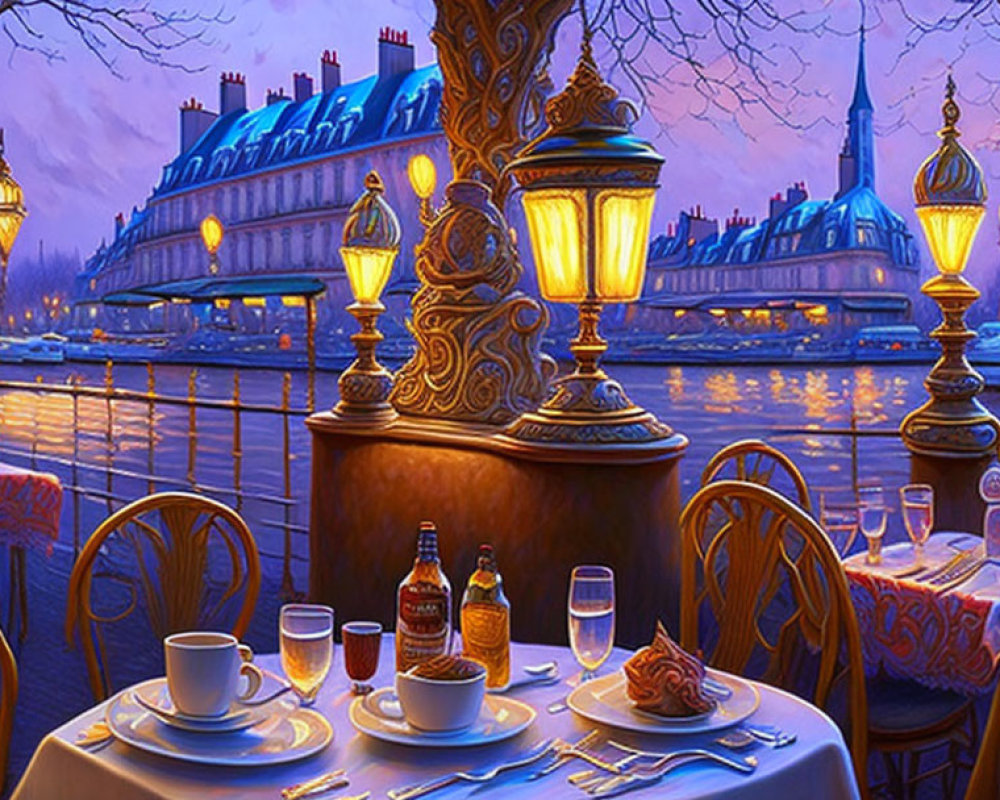 Parisian Riverside Café with Ornate Lamp Post and Notre-Dame in the Distance