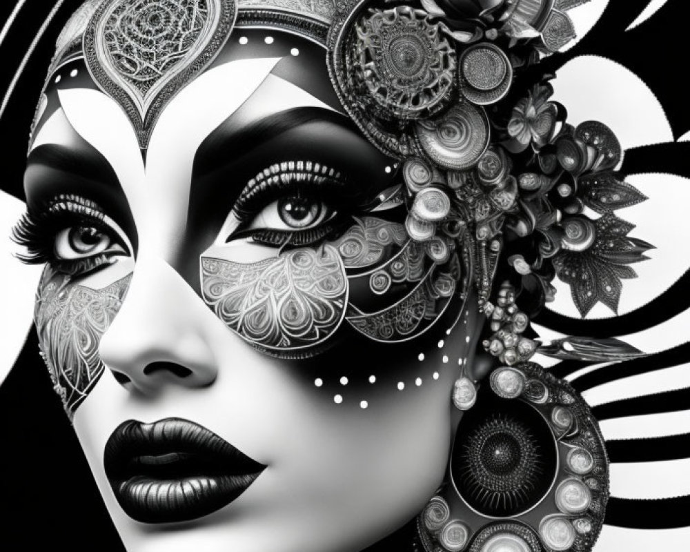Monochrome portrait of woman with ornate patterns, intricate headgear, and bold makeup