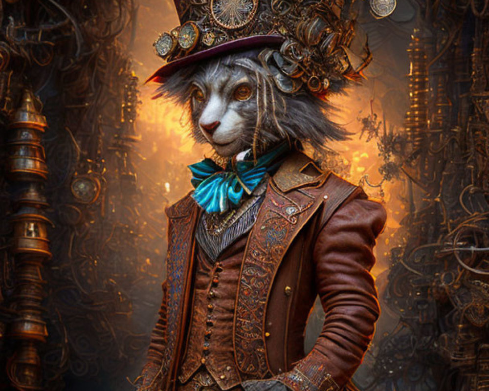 Steampunk-themed anthropomorphic lion in top hat with gears, against mechanical backdrop