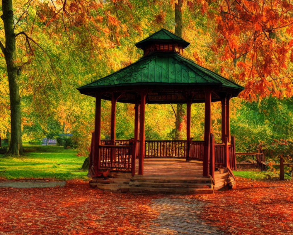 Autumnal wooden gazebo in serene park with vibrant foliage