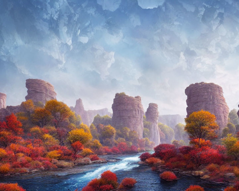 Tranquil river in vibrant autumn landscape with red foliage