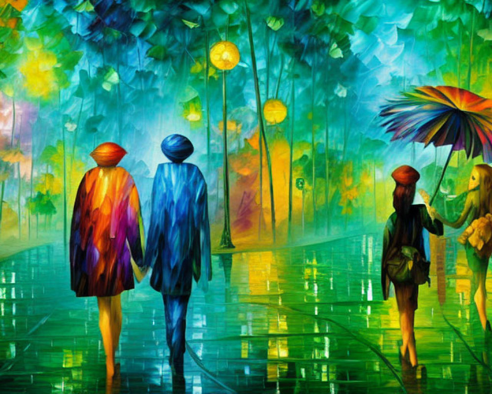 Colorful Umbrella Painting: Four People Walking on Wet Street