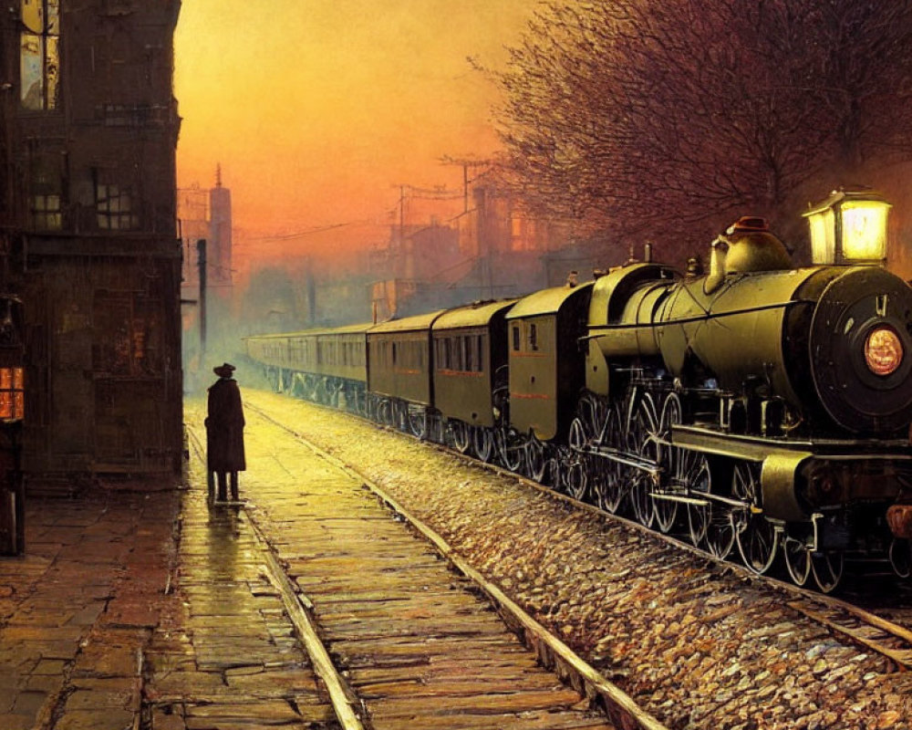 Vintage steam train arrives at dusk at station with lone figure - atmospheric scene