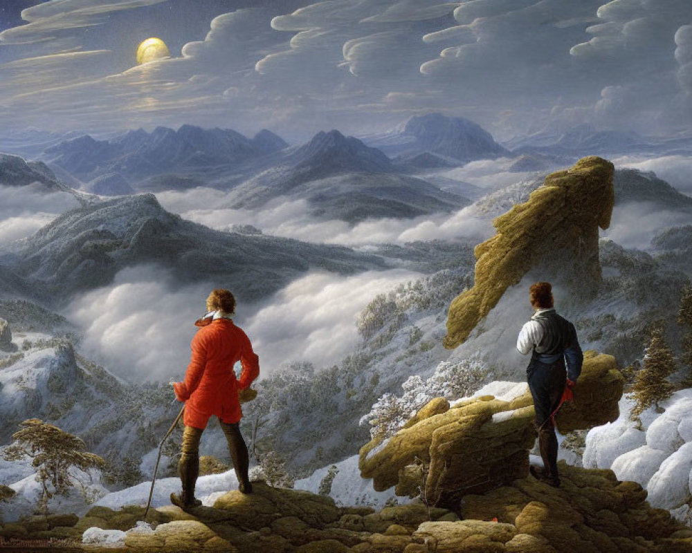 Two people on snowy peak, viewing moonlit mountain range.