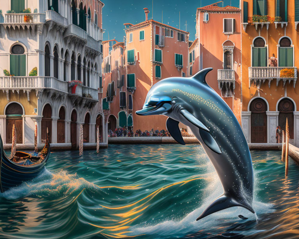 Dolphin leaping in Venetian canal with colorful buildings and gondolas