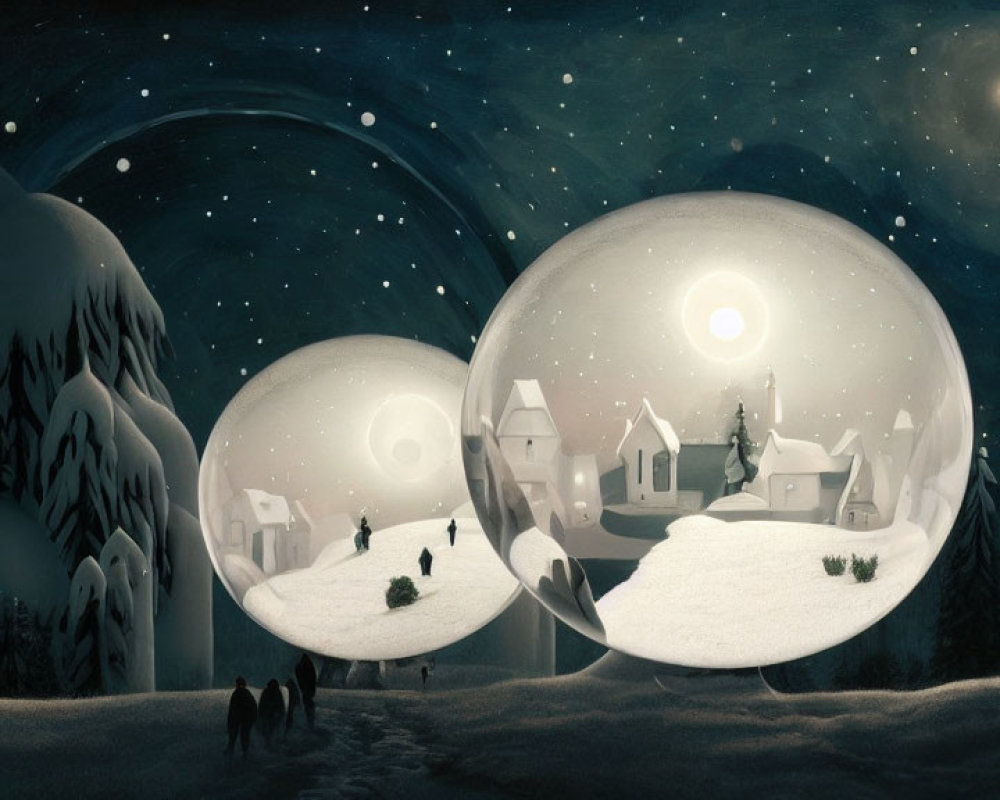 Snowy village in transparent bubbles under starry sky