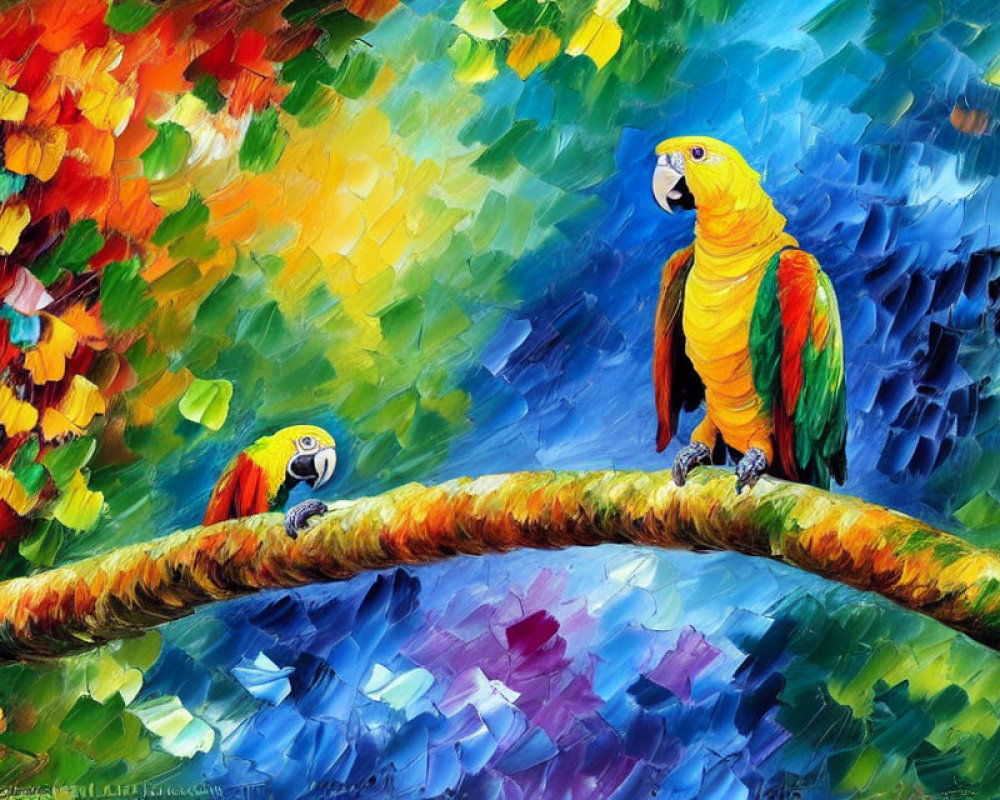 Colorful oil painting: two macaws on branch with dynamic, abstract background