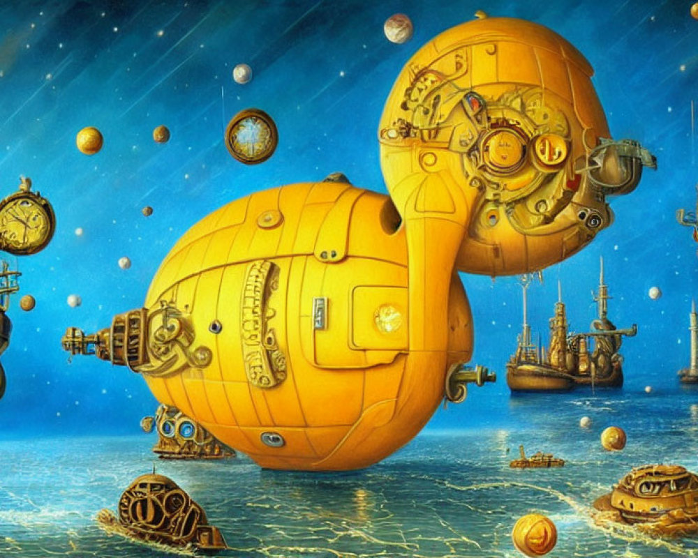 Steampunk-style artwork: Fantastical submarines above ocean