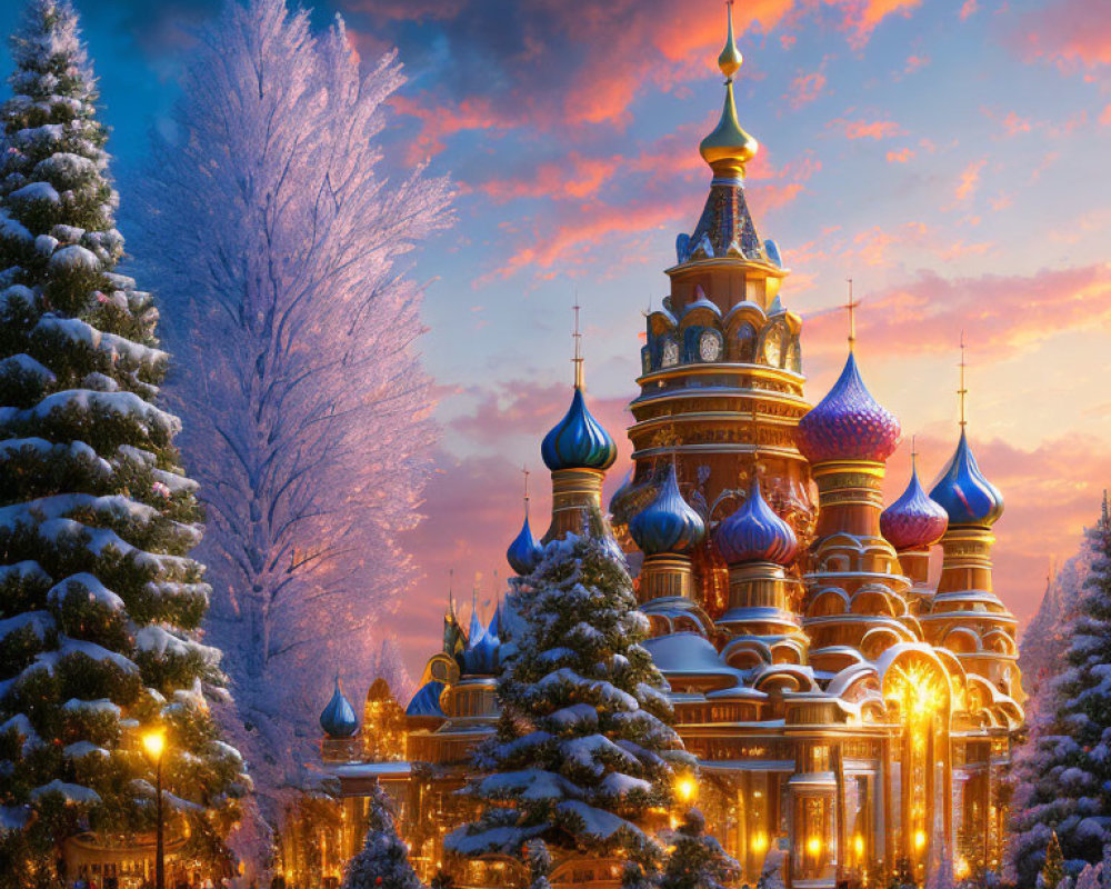 Colorful winter scene: onion-domed cathedral, snow-covered trees, golden lights, sunset sky