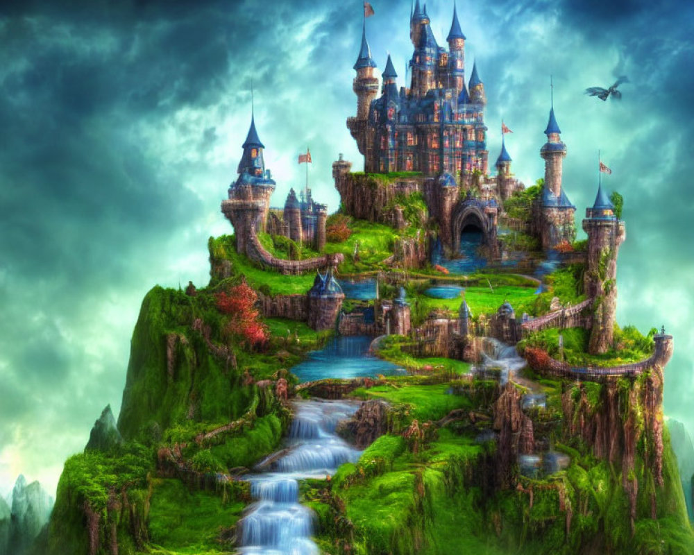 Fantastical castle with spires on lush island under dramatic sky