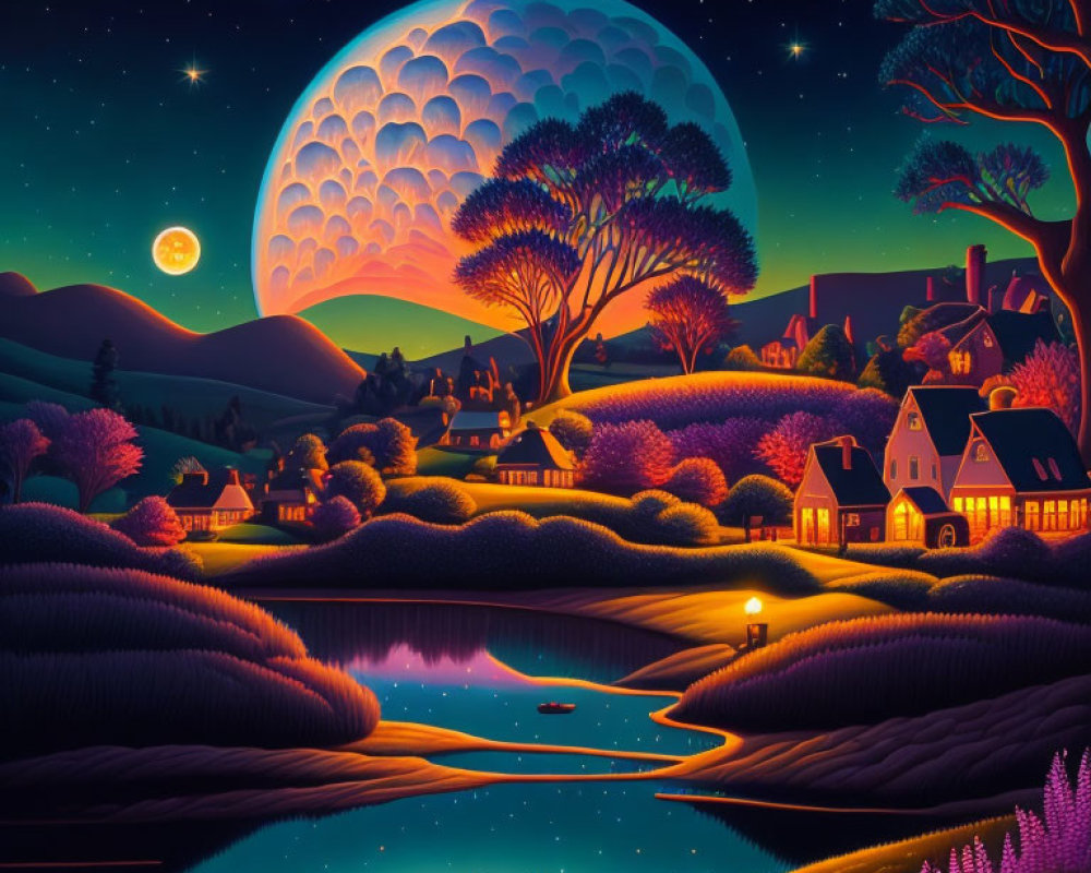 Colorful Surrealist Night Landscape with Moon, Stars, Trees, Houses, Lake, and Boats