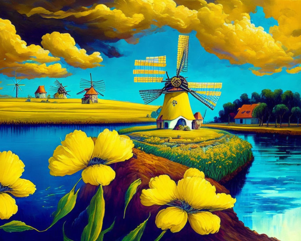 Dutch landscape painting with windmill, river, colorful houses, and yellow flowers