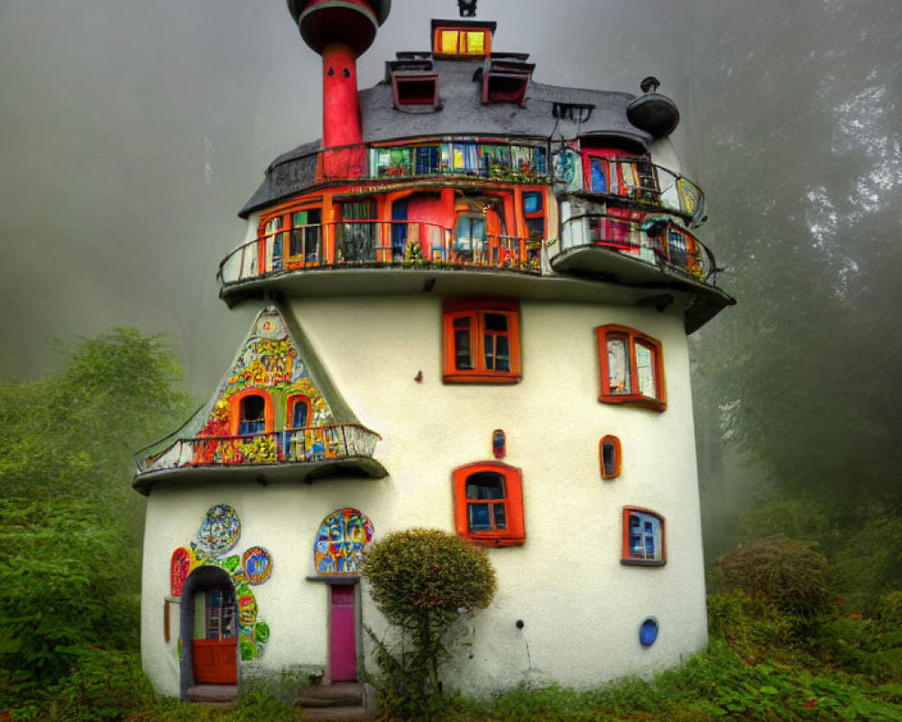 Whimsical multi-story house with turret and colorful decorations in misty forest