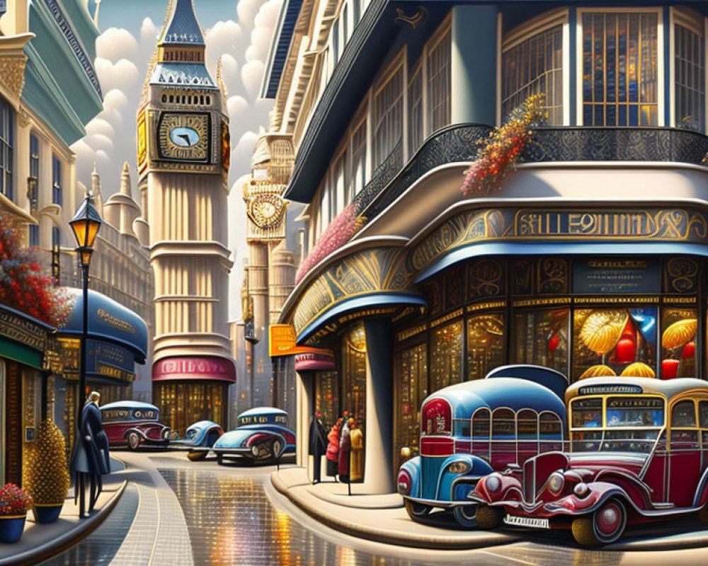 Vintage cars, buses, shops, and clock tower in cityscape illustration