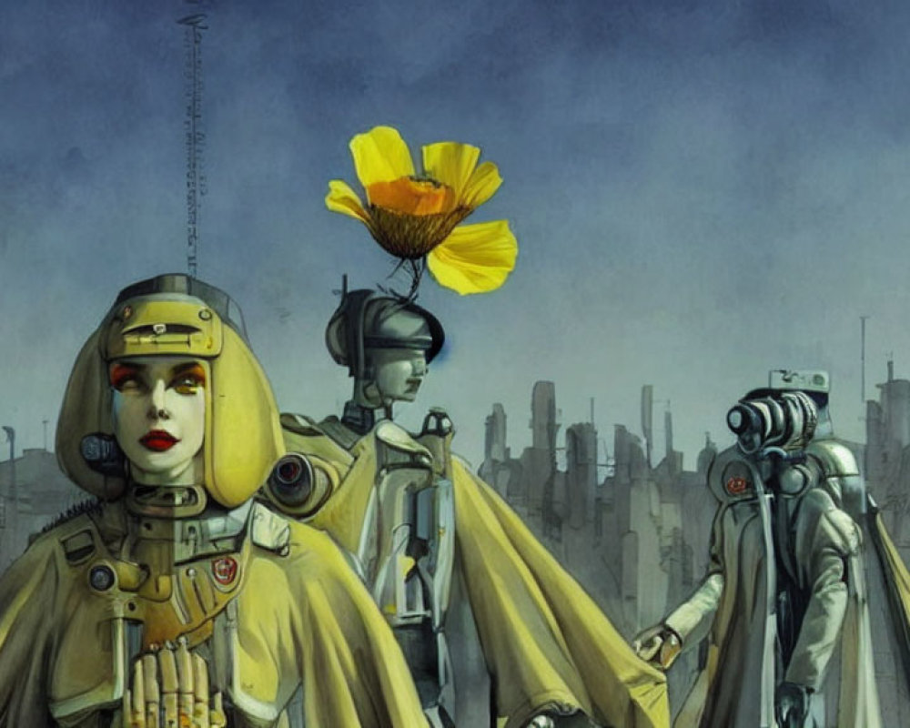 Futuristic robotic figures in desolate cityscape with blooming flower
