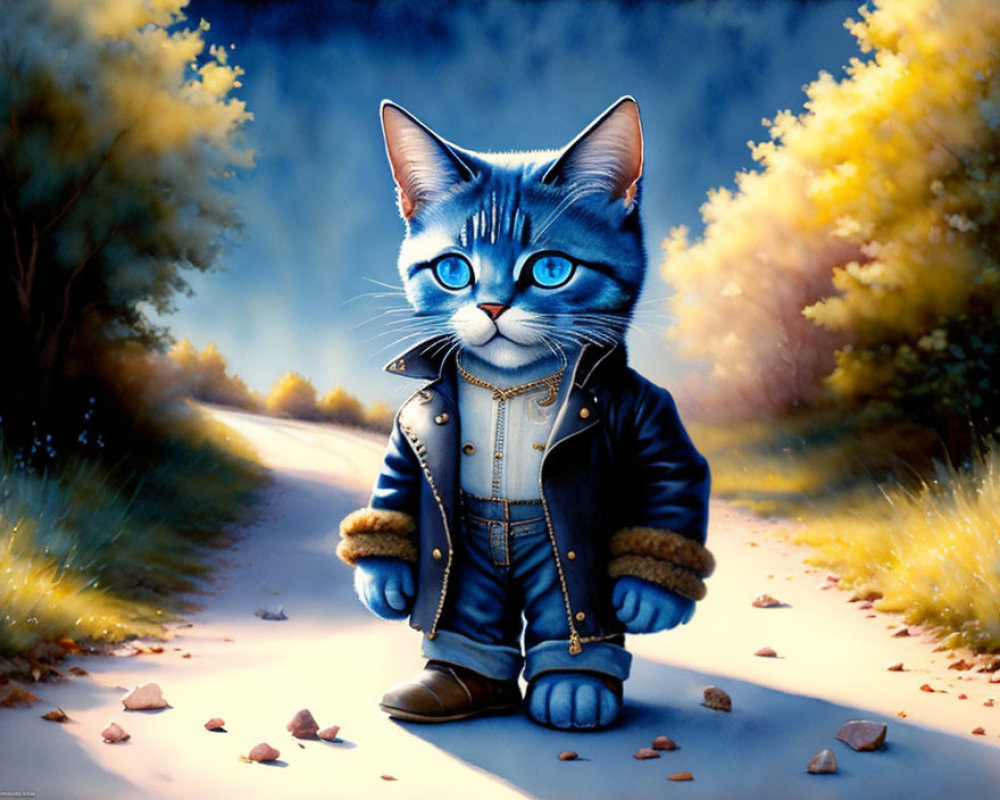 Blue Cat in Leather Jacket Surrounded by Autumn Trees