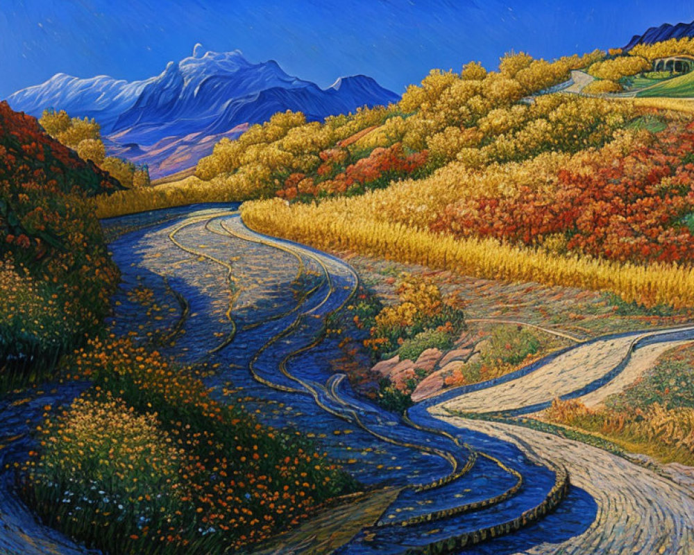 Colorful landscape painting with curving path and mountain backdrop