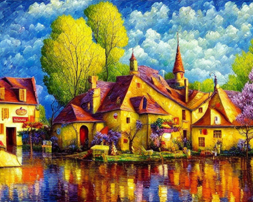 Colorful painting of quaint village by river with lush surroundings