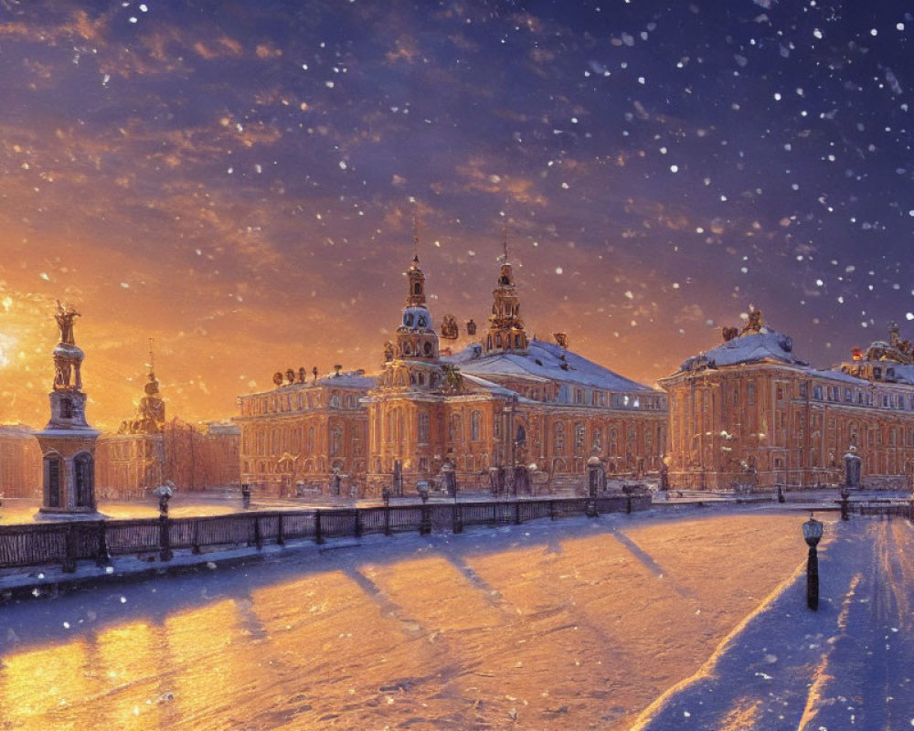 Baroque-style palace with ornate towers in snowy sunset scene
