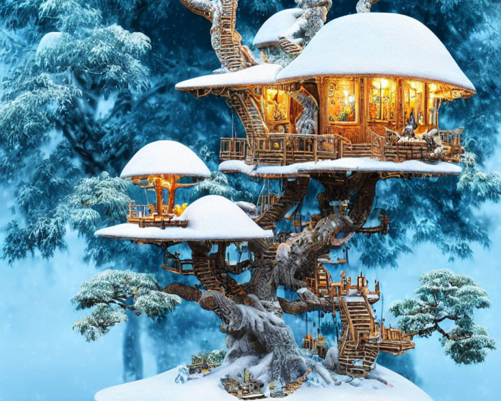 Snow-covered treehouse with warmly lit windows in tranquil winter scene