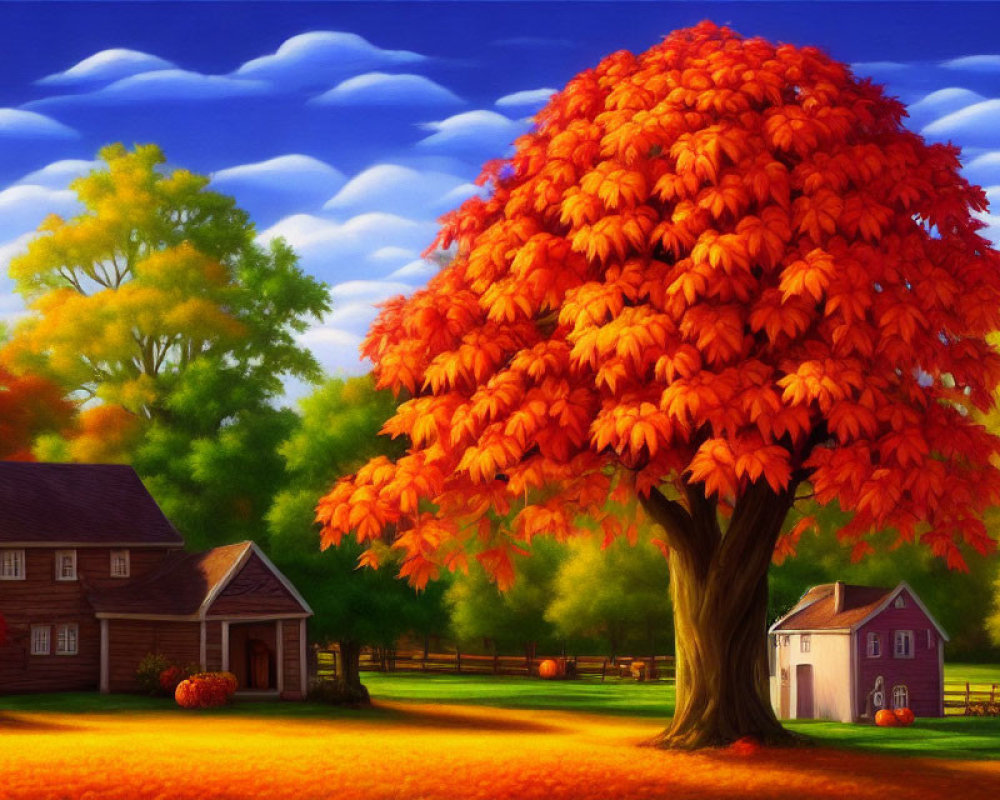 Scenic autumn landscape with orange-leaved tree, wooden fence, and rustic houses