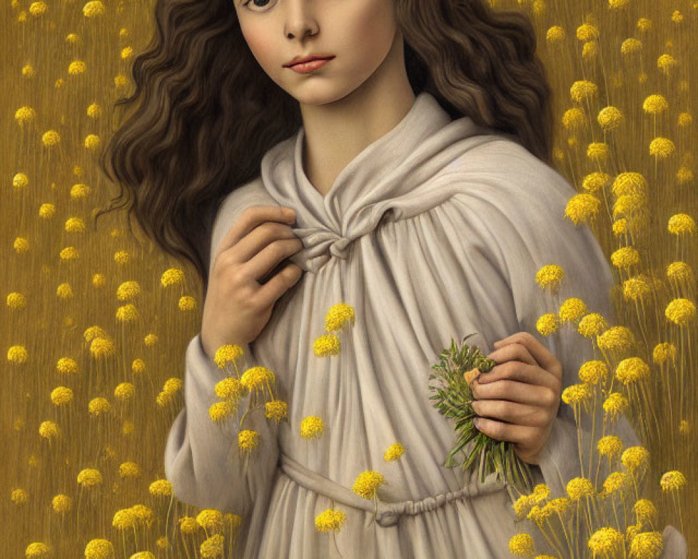 Young girl in grey dress with yellow flowers, wavy hair, holding bouquet.