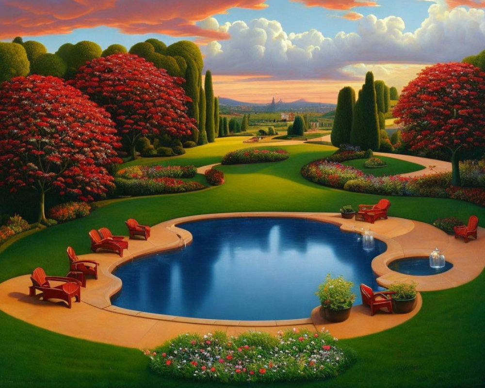 Serene garden with lush trees, blooming flowers, and pool at sunset