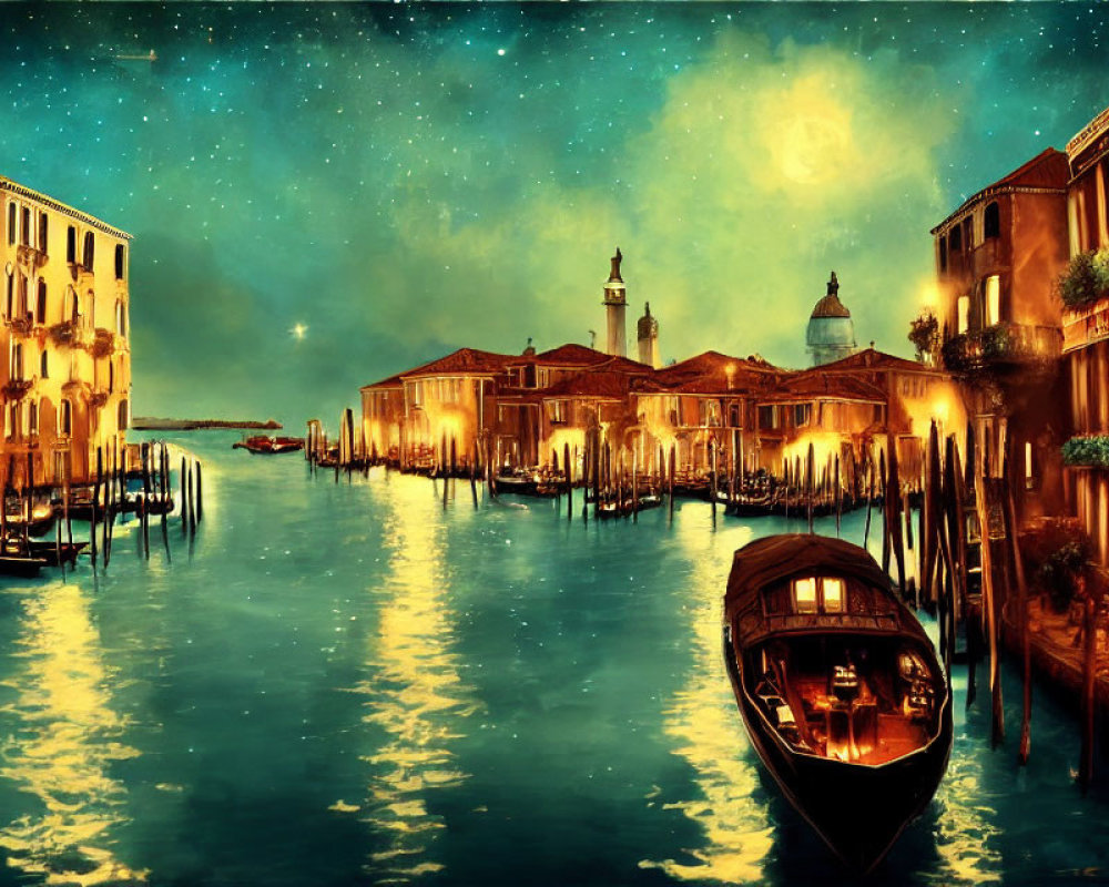 Serene Venice Canal Night Scene with Glowing Lights