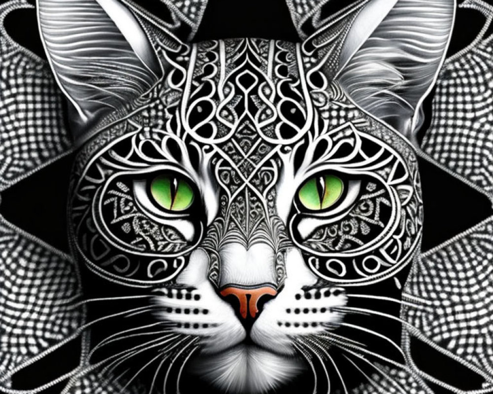 Detailed Monochromatic Cat Illustration with Intricate Patterns and Star Background