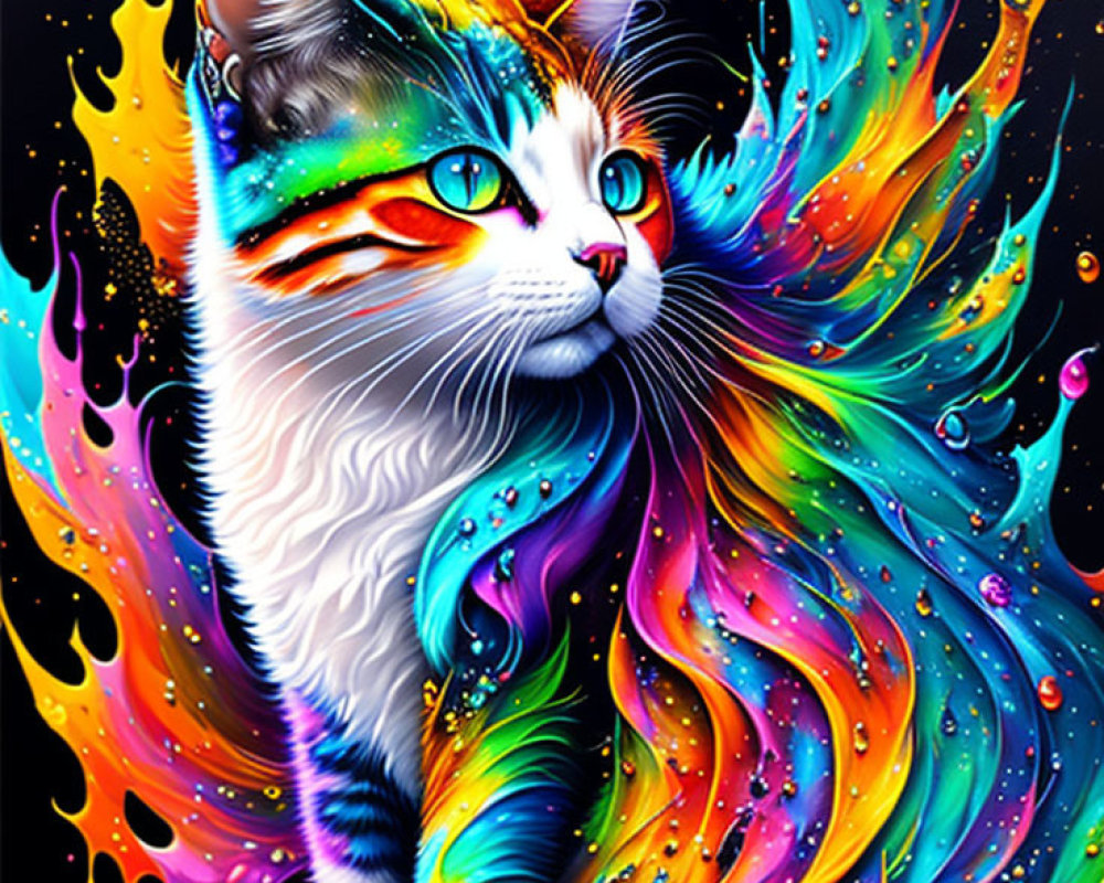 Colorful Rainbow Cat Illustration with Whimsical Splash Pattern