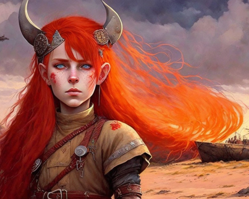Red-haired female warrior in Viking armor with horned helmet, standing near warships