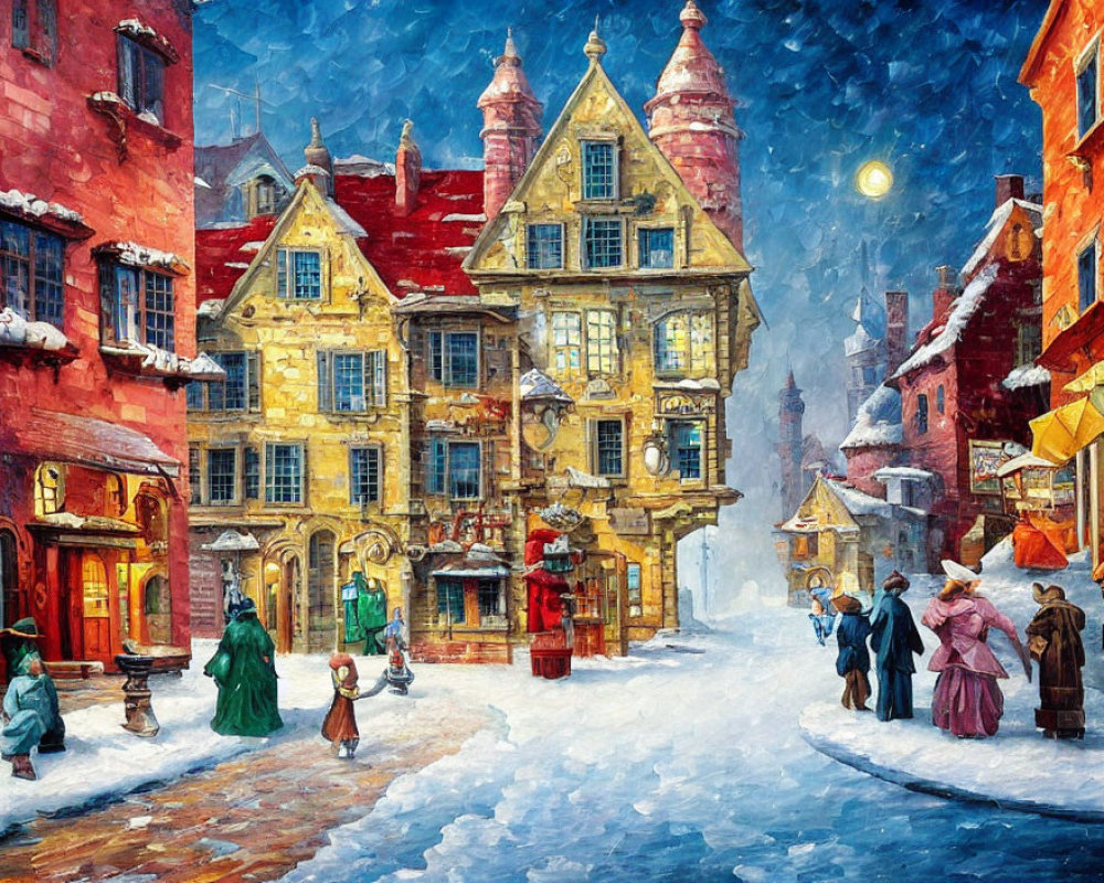 European Town Snowy Street Scene with Festive Decorations and Period Attire