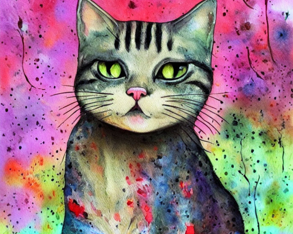 Vibrant watercolor painting of a cat with pink and green hues and splatter effect