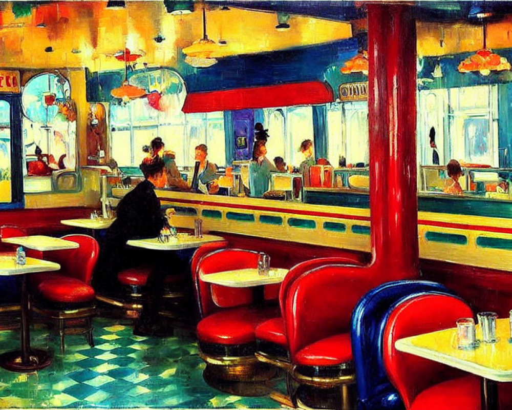 Colorful painting of classic diner interior with red and white booths, checkered floor, and counter with