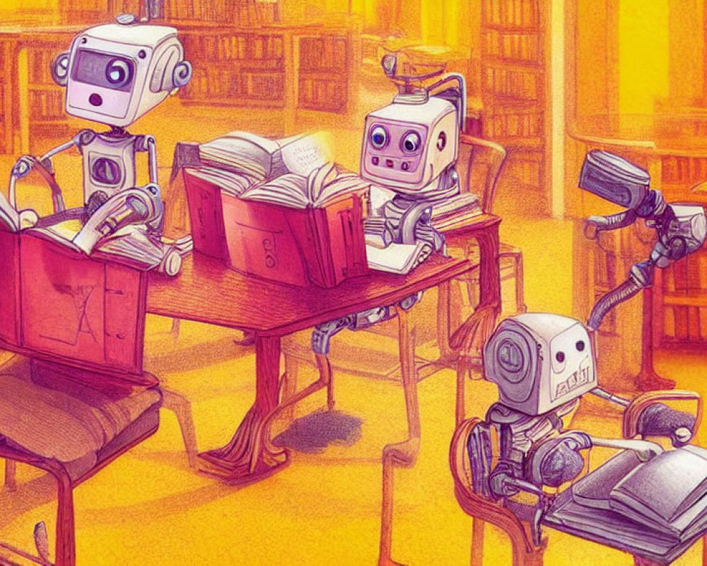 Four Cartoon Robots Reading Books in Cozy Library