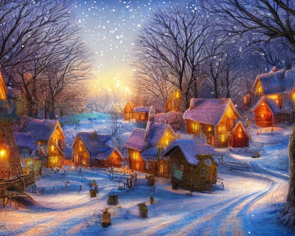 Cozy illuminated village under twilight sky with falling snow