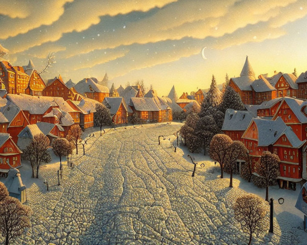 Snowy village at dusk: warmly lit houses, cobblestone street, glowing sunset sky.