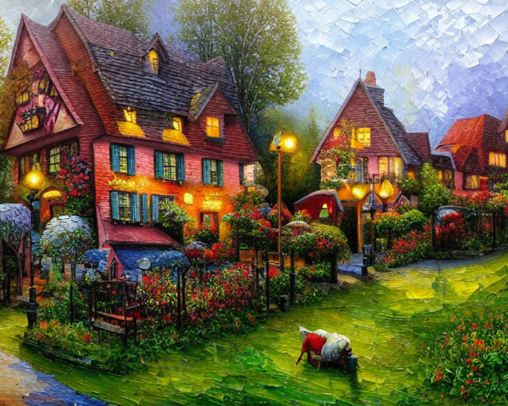 Charming Village Scene with Flowerbeds, Houses, People, Umbrellas, and Dog