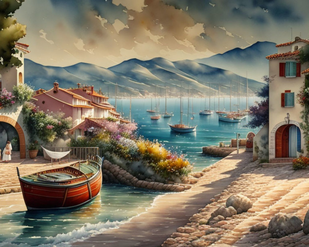Scenic seaside village with cobblestone paths, blooming flowers, and calm waters
