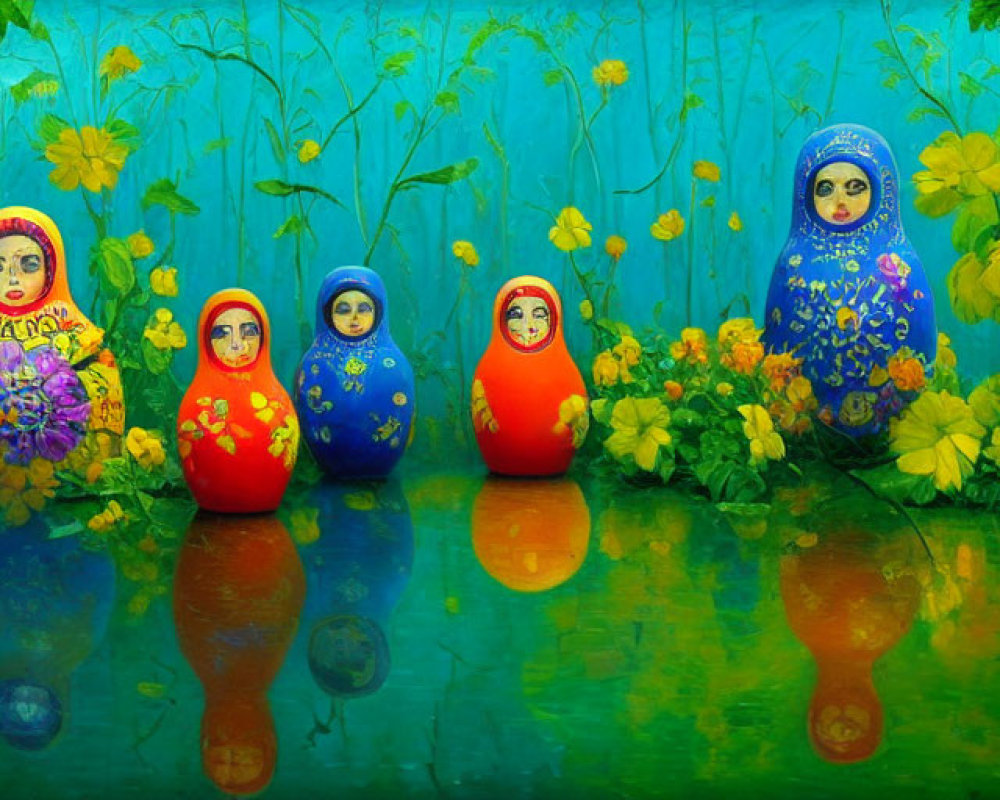 Colorful Matryoshka Dolls Displayed Against Floral Backdrop