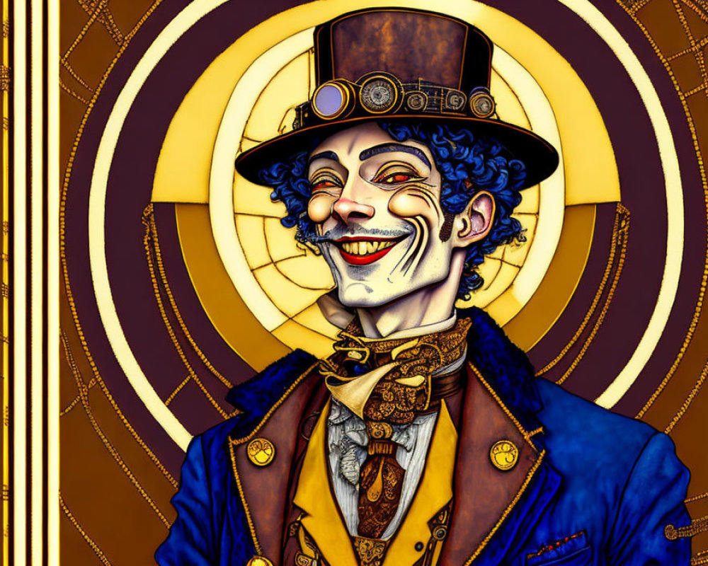 Smiling person with top hat and blue hair in Victorian attire on golden art deco backdrop