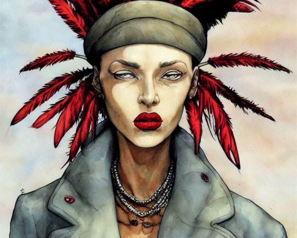 Illustrated portrait of person in beret with red feathers, trench coat, chain necklaces