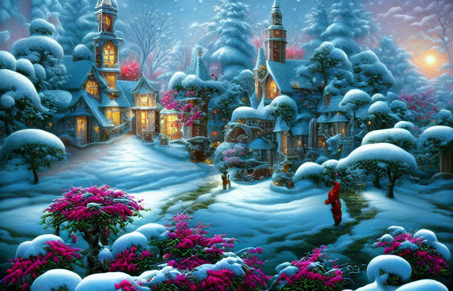 Snow-covered village at twilight with glowing windows, flowers, and person in red.