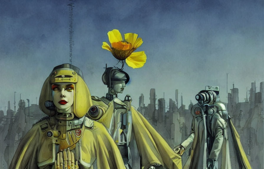 Futuristic robotic figures in desolate cityscape with blooming flower