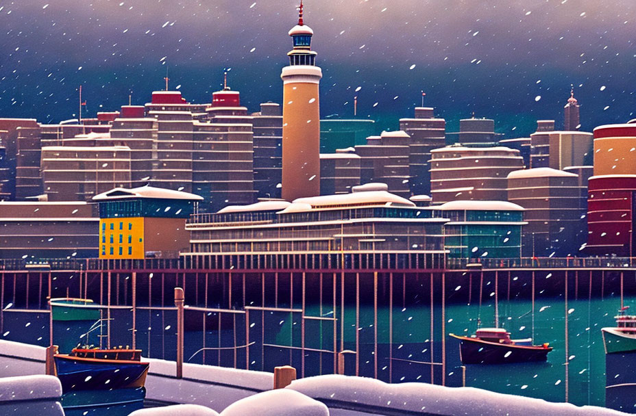 Snowy coastal city night scene with lighthouse, boats, and snow-covered buildings