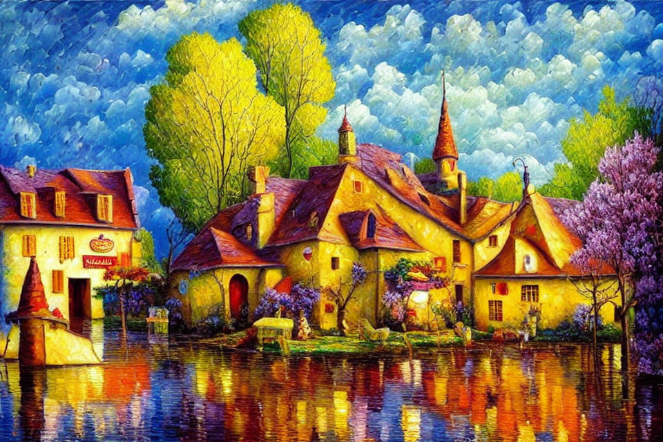 Colorful painting of quaint village by river with lush surroundings